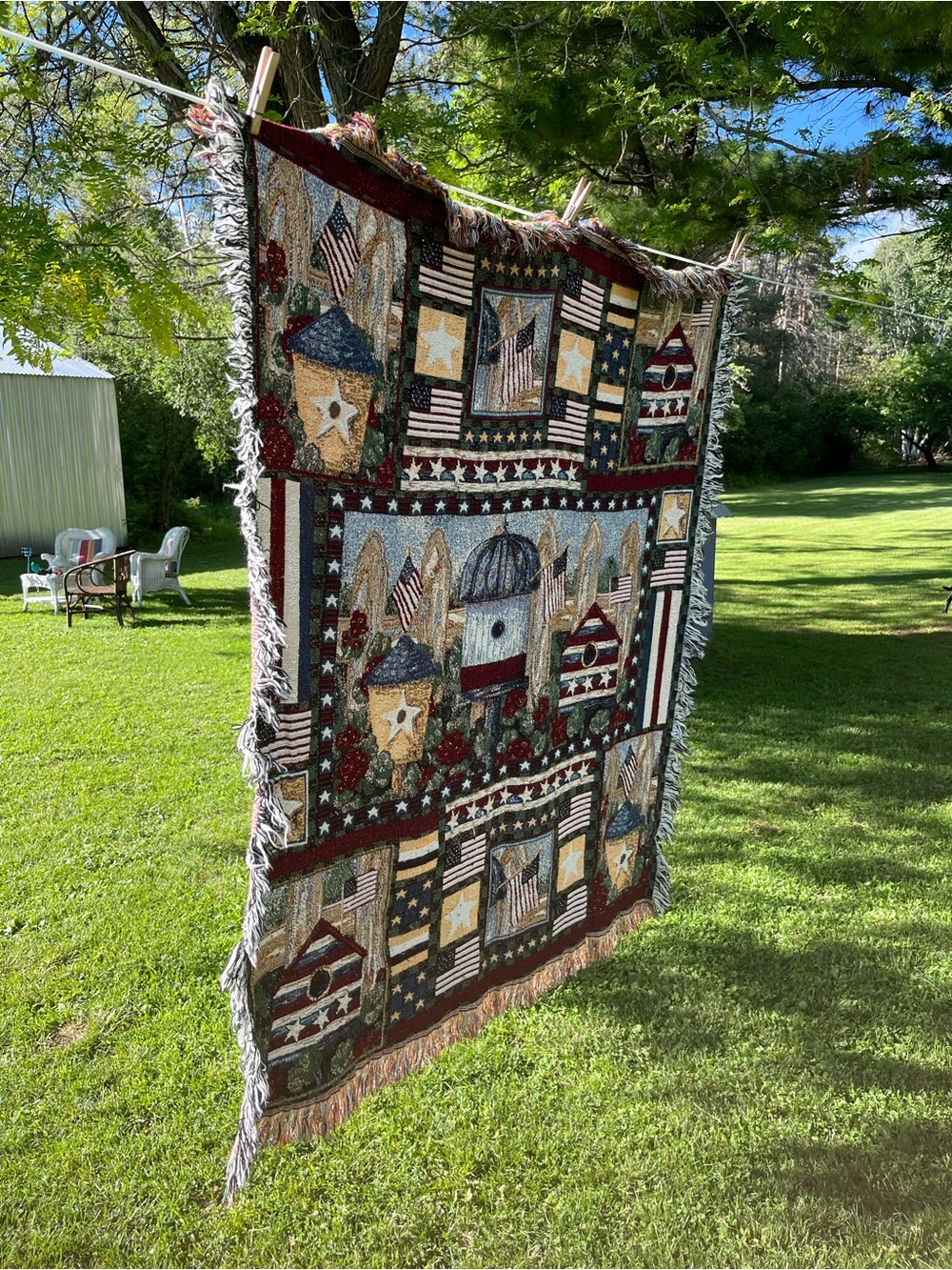 Patriotic Star & Birdhouse Woven Throw Blanket - Red, Blue, Cream